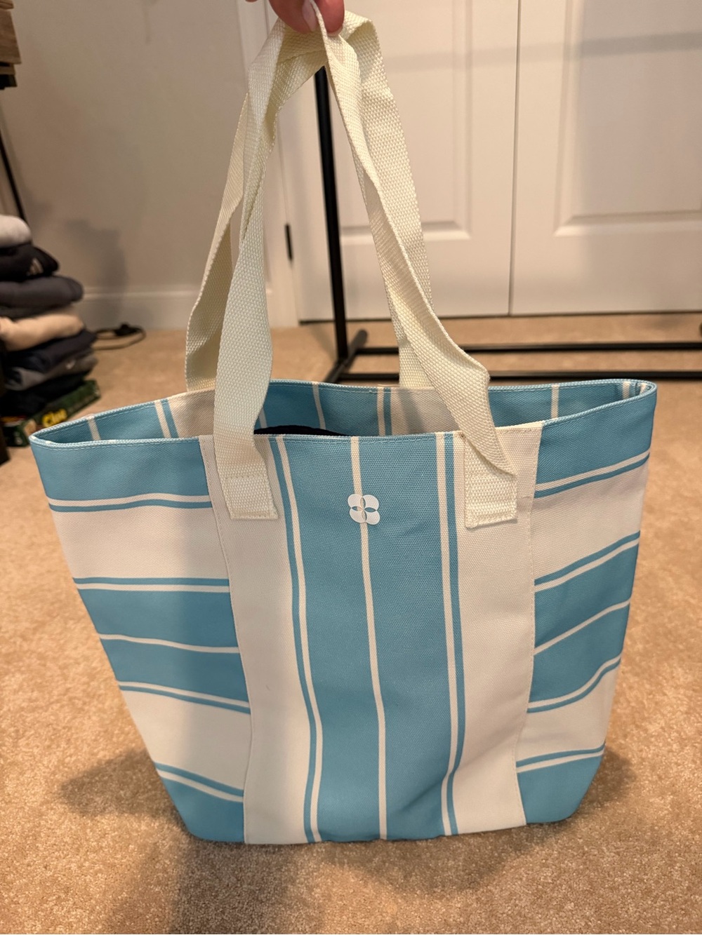 Pureology Light Blue and White Striped Tote with Purple Lining - Picture 2 of 7